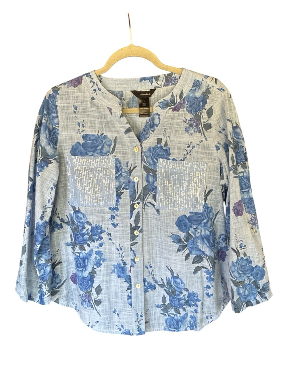 Ali Miles Blue Floral Sequin-Pocket Button-Down Shirt